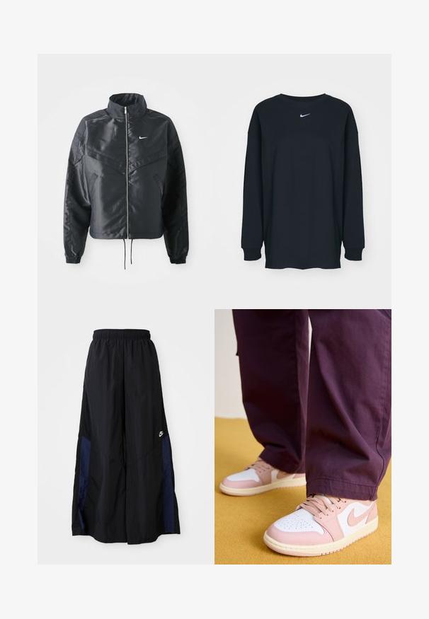 Schwarze, verkürzte Jacke mit hohem Kragen, Reißverschluss, Elastan-Ärmeln und einem weißen Nike-Logo. Glattes, glänzendes Material mit leicht strukturiertem Oberflächeneffekt.; Schwarzes Langarm-T-Shirt aus Baumwolle mit Rundhalsausschnitt. Mit weißem Nike-Logo auf der Brust. Weiche Textur, simples Design.; Schwarze weit geschnittene Hose aus leichtem Stoff, mit einem dunkelblauen Seitenpanel und einem elastischen Bund. Kleines weißes Logo am unteren Ende.; Jordan AIR JORDAN 1 LOW - Sneaker low - white/pink oxford/sail