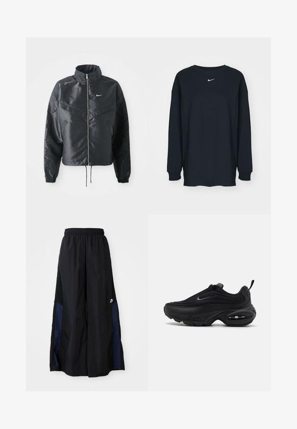 Crna kratka jakna s visokim ovratnikom, zatvaranjem na patentni zatvarač, elastinim rukavima i bijelim Nike logom. Glatka, sjajna tkanina s lagano teksturiranom površinom.; Crna dugih rukava majica od pamuka s okruglim izrezom. Sadrži bijeli Nike logo na prsima. Mekana tekstura, jednostavan dizajn.; Crne hlače širokih nogavica izrađene od lagane tkanine, sa tamnoplavim bočnim panelom i elastičnom stražnjom trakom. Mali bijeli logo je na dnu.; Crne sportske cipele s glatkom, teksturiranom gornjom površinom. Imaju okrugli vrh, podstavljeni ovratnik i vidljivo zračno jastučenje u potplatu.