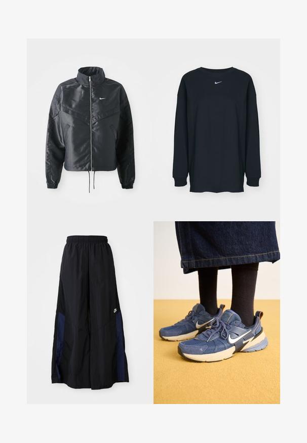 Svart cropped jakke med høy krage, glidelåsåpning, elastiske mansjetter og en hvit Nike-logo. Glatt, shiny stoff med en lett teksturert overflate.; Svart langermet T-skjorte laget av bomull med rund hals. Har en hvit Nike-logo på brystet. Myk tekstur, enkelt design.; Svarte vide bukser laget av lett stoff, med et marineblått sidestykke og elastisk midjebånd. Liten hvit logo nederst.; Marineblå trening-sko med mesh og semsket overdel, hvit logo og lagdelt såle. Brukt med mørke sokker og denimskjørt.
