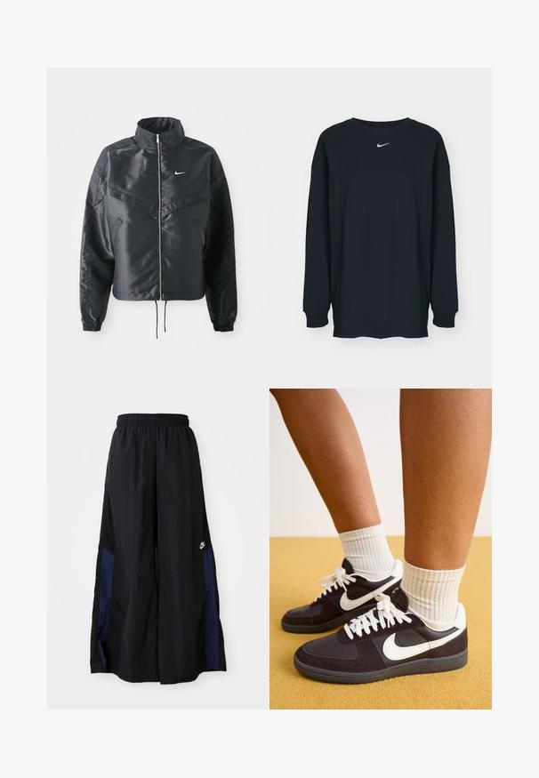 Sort cropped jakke med høj krave, lynlås lukning, elastiske manchetter og et hvidt Nike-logo. Glat, blankt stof med en let struktureret overflade.; Sort langærmet T-shirt lavet af bomuld med rund hals. Har et hvidt Nike-logo på brystet. Blød tekstur, enkelt design.; Sorte vide benbukser lavet af letvægtsstof, med et marineblåt sidepanel og en elastisk talje. Lille hvidt logo nederst.; Sorte og hvide Nike sneakers med overdel i ruskind og læder, hvide snørebånd, båret med ribbede cremefarvede sokker, sat mod en gul baggrund.