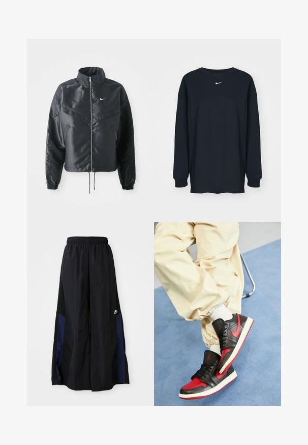 Melna apgriezta jaka ar augstu apkakli, rāvējslēdzēja aizdari, elastīna aprocēm un baltu Nike logo. Gluda, spīdīga auduma ar nedaudz teksturētu virsmu.; Melnas garajām piedurknēm T-krekls no kokvilnas ar apaļu kakla izgriezumu. Uz krūtīm ir balts Nike logo. Mīksta tekstūra, vienkāršs dizains.; Melni plata kāju bikses no viegla auduma, ar tumši zilu sānu paneli un elastīgu jostu. Mazs balts logotips apakšā.; Melni un sarkanā ādas kedas ar baltu zoli, iezīmētas ar izteiktu sarkanu zvīņu un Jordan logotipu, saskaņotas ar krēma krāsas biksēm.