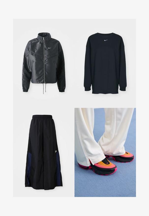Fekete, rövidített dzseki magas gallérral, cipzáras záródással, elasztikus mandzsettákkal, és fehér Nike logóval. Simább, fényes anyag, enyhén textúrázott felülettel.; Fekete, hosszú ujjú pamut póló kerek nyakkivágással. Fehér Nike logó található a mellrészen. Puha tapintás, egyszerű design.; Fekete, bő szárú nadrág könnyű anyagból, tengerészkék oldalsó panellel és elasztikus derékkal. Kicsi fehér logó az alján.; Fekete sportcipők, színes átmenetes felsőrésszel, amely narancssárga, rózsaszín és sárga árnyalatokat tartalmaz; vastag talp; fehér csíkos nadrággal párosítva.