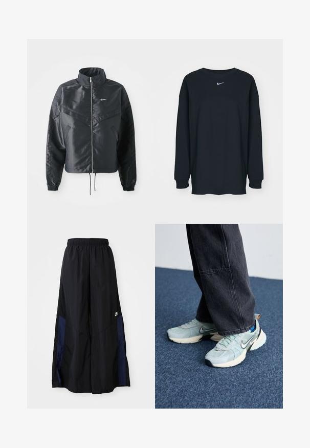 Must kolledžiga must lühike jope, millel on lukuga sulgus, elastne mansett ja valge Nike logo. Sile, läikiv kangas, millel on veidi tekstureeritud pind.; Must have pikkade varrukatega must T-särk, mis on valmistatud puuvillast ja millel on ümar kaelus. Rinnal on valge Nike logo. Pehme tekstuur, lihtne disain.; Mustad laiad mustad püksid kergest kangast, millel on tumesinine külgpaneel ja elastne vöökoht. Väike valge logo allservas.; Heled sinise võrgu struktuuriga Nike jooksujalatseid, millel on must Swoosh ja kreemjas keskosa, kombineerituna tumedates hallides laia säärega pükstega.