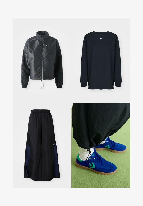 Black cropped jacket with high collar, zip closure, elastane cuffs, and a white Nike logo. Smooth, shiny fabric with a slightly textured surface.; Black long-sleeve T-shirt made of cotton with a crew neckline. Features a white Nike logo on the chest. Soft texture, simple design.; Black wide-leg pants made of lightweight fabric, featuring a navy blue side panel and an elastic waistband. Small white logo on bottom.; Converse RUN STAR TRAINER - Trainers - blue/apex green/egret