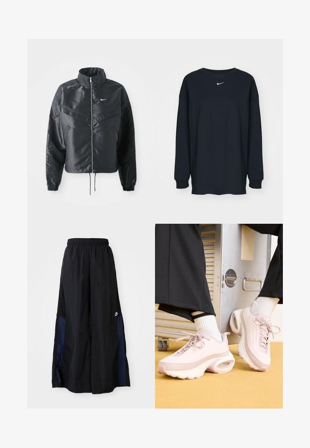 Fekete, rövidített dzseki magas gallérral, cipzáras záródással, elasztikus mandzsettákkal, és fehér Nike logóval. Simább, fényes anyag, enyhén textúrázott felülettel.; Fekete, hosszú ujjú pamut póló kerek nyakkivágással. Fehér Nike logó található a mellrészen. Puha tapintás, egyszerű design.; Fekete, bő szárú nadrág könnyű anyagból, tengerészkék oldalsó panellel és elasztikus derékkal. Kicsi fehér logó az alján.; Rózsaszín sportcipők, tollzó felülettel, kerek orral, fűzővel és a talpban látható légpárnázással. Fehér zoknik fekete csíkokkal.