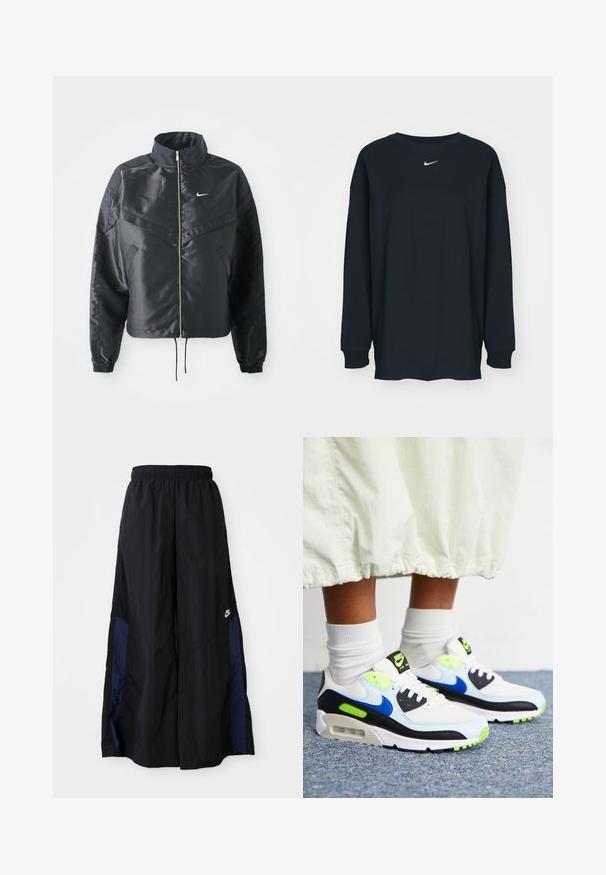 Casaco preto curto com colarinho alto, fecho de zip, punhos em elastano e um logótipo Nike branco. Tecido suave e brilhante com uma superfície ligeiramente texturizada.; Camisola preta de mangas longas feita de algodão com decote redondo. Apresenta um logótipo branco da Nike no peito. Textura suave, design simples.; Calças largas pretas feitas de tecido leve, com um painel lateral azul-marinho e cintura elástica. Pequeno logótipo branco na parte inferior.; Os ténis Nike Air Max apresentam um cabedal branco com realces em azul e preto, detalhes em verde neon e uma unidade de ar visível na sola.