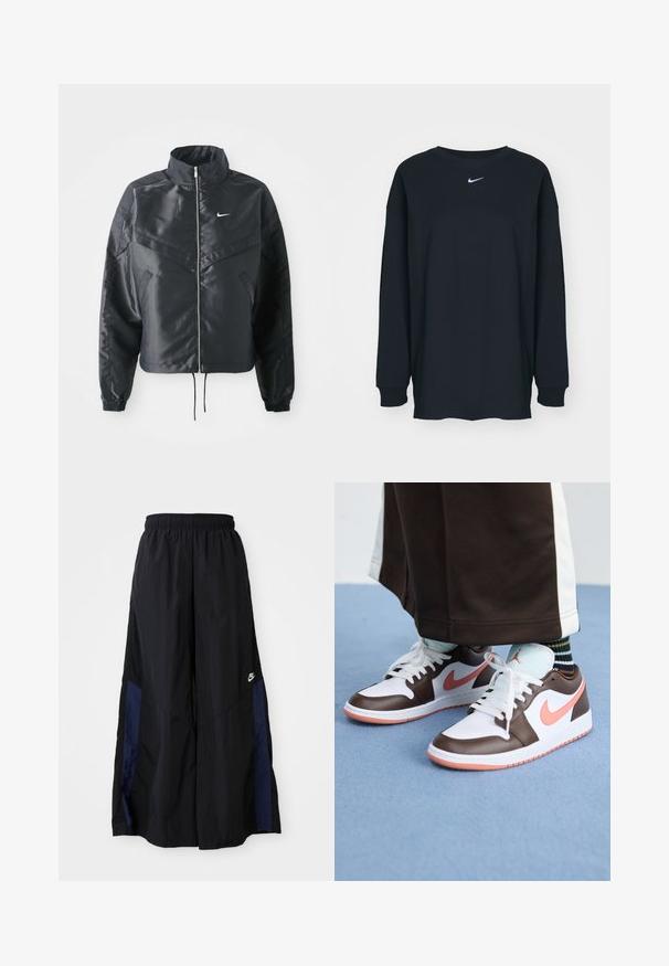 Black cropped jacket with high collar, zip closure, elastane cuffs, and a white Nike logo. Smooth, shiny fabric with a slightly textured surface.; Black long-sleeve T-shirt made of cotton with a crew neckline. Features a white Nike logo on the chest. Soft texture, simple design.; Black wide-leg pants made of lightweight fabric, featuring a navy blue side panel and an elastic waistband. Small white logo on bottom.; White and brown Nike Air Jordan sneakers with pink accents, featuring a low-top design, white laces, and a textured rubber sole.