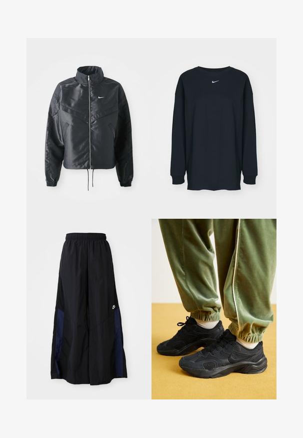Mustat lyhyet takit, joissa on korkea kaulus, vetoketjukiinnitys, elastaanista valmistetut hihan suut ja valkoinen Nike-logo. Sileä, kiiltävä kangas, jossa on hieman tekstuuria.; Mustapaita, jossa on pitkät hihat ja pyöreä kaula-aukko, valmistettu puuvillasta. Rinnassa valkoinen Nike-logo. Pehmeä rakenne, yksinkertainen muotoilu.; Musta leveälahkeinen housu, joka on valmistettu kevyestä kankaasta. Housuissa on tummansininen sivupaneeli ja joustava vyötärö. Alhaalla on pieni valkoinen logo.; Mustat urheilukengät, joissa on verkko- ja synteettisiä päällysteitä, teksturoitu pohja, yhdistetty vihreisiin joustaviin hihnallisiin collegehousuihin, keltaisella pinnalla.