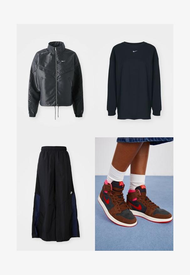 Giacca nera cropped con colletto alto, chiusura a zip, polsini in elastan e logo Nike bianco. Tessuto liscio e lucido con una superficie leggermente texturizzata.; T-shirt nero a maniche lunghe in cotone con colletto rotondo. Presenta un logo Nike bianco sul petto. Texture morbida, design semplice.; Pantaloni neri a gamba larga realizzati in tessuto leggero, con un pannello laterale blu navy e una cintura elastica. Piccolo logo bianco sul fondo.; Sneakers alte in suede marrone e materiale nero, con accenti rosa, logo Nike rosso e suola bianca. Collo e linguetta testurizzati.