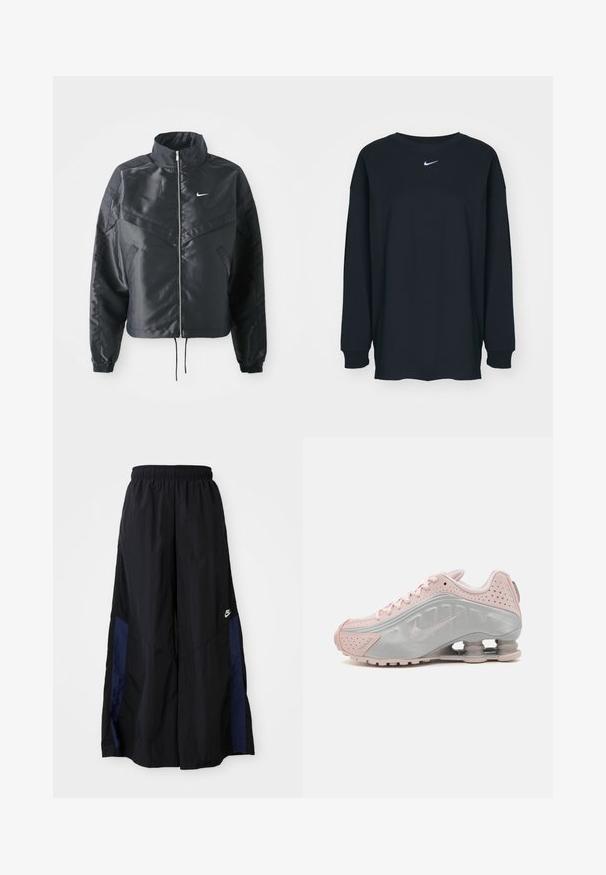 Casaco preto curto com colarinho alto, fecho de zip, punhos em elastano e um logótipo Nike branco. Tecido suave e brilhante com uma superfície ligeiramente texturizada.; Camisola preta de mangas longas feita de algodão com decote redondo. Apresenta um logótipo branco da Nike no peito. Textura suave, design simples.; Calças largas pretas feitas de tecido leve, com um painel lateral azul-marinho e cintura elástica. Pequeno logótipo branco na parte inferior.; Sapatilhas Nike com um design em prateado e rosa; parte superior sintética, textura perfurada, sistema de amortecimento visível e formato de biqueira arredondado.