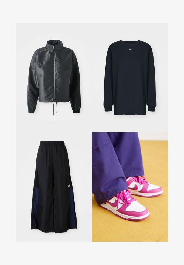 Fekete, rövidített dzseki magas gallérral, cipzáras záródással, elasztikus mandzsettákkal, és fehér Nike logóval. Simább, fényes anyag, enyhén textúrázott felülettel.; Fekete, hosszú ujjú pamut póló kerek nyakkivágással. Fehér Nike logó található a mellrészen. Puha tapintás, egyszerű design.; Fekete, bő szárú nadrág könnyű anyagból, tengerészkék oldalsó panellel és elasztikus derékkal. Kicsi fehér logó az alján.; Nike Dunk tornacipők fehér bőr felsőrésszel és rózsaszín bőr díszítésekkel. Jellemzők: kerek orr, perforációk és lapos rózsaszín fűzők.