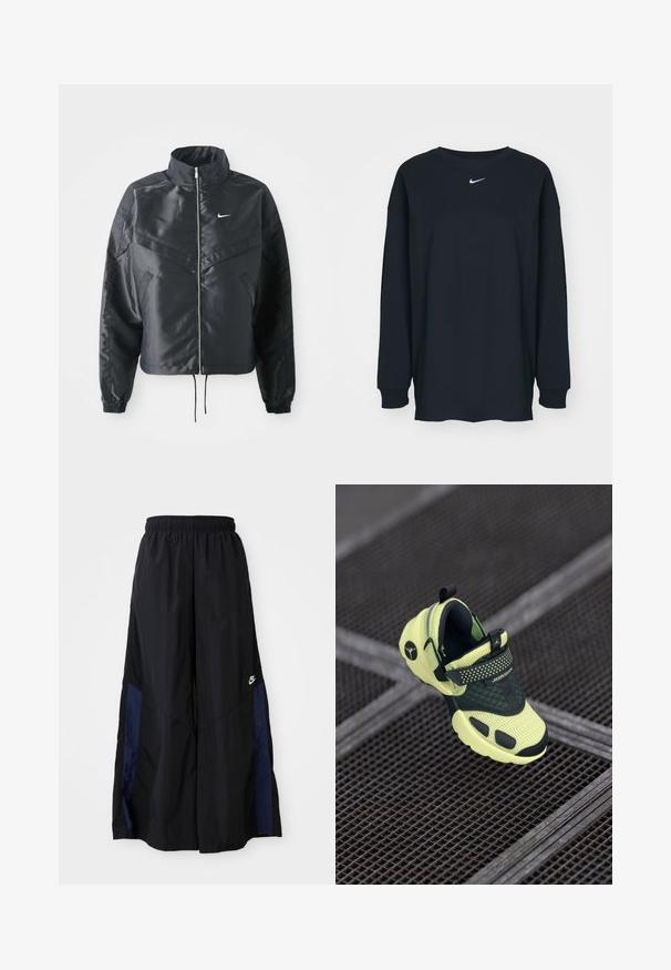 Svart cropped jakke med høy krage, glidelåsåpning, elastiske mansjetter og en hvit Nike-logo. Glatt, shiny stoff med en lett teksturert overflate.; Svart langermet T-skjorte laget av bomull med rund hals. Har en hvit Nike-logo på brystet. Myk tekstur, enkelt design.; Svarte vide bukser laget av lett stoff, med et marineblått sidestykke og elastisk midjebånd. Liten hvit logo nederst.; Neon gul og svart Jordan sneakers med mesh tekstur, quiltet midtparti og stropp, plassert på metallgittergulv.