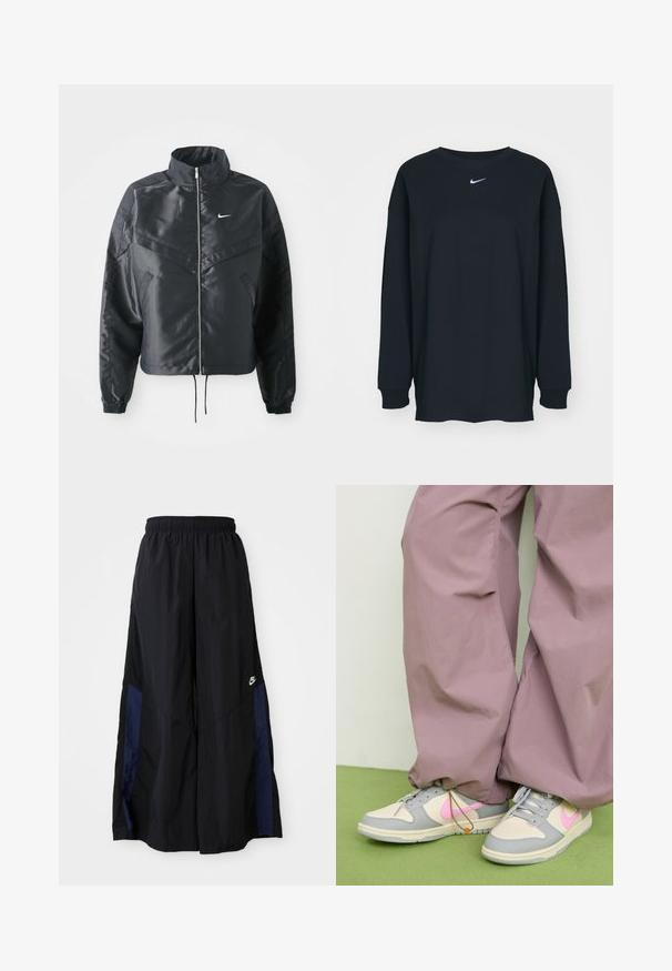 Fekete, rövidített dzseki magas gallérral, cipzáras záródással, elasztikus mandzsettákkal, és fehér Nike logóval. Simább, fényes anyag, enyhén textúrázott felülettel.; Fekete, hosszú ujjú pamut póló kerek nyakkivágással. Fehér Nike logó található a mellrészen. Puha tapintás, egyszerű design.; Fekete, bő szárú nadrág könnyű anyagból, tengerészkék oldalsó panellel és elasztikus derékkal. Kicsi fehér logó az alján.; Beige és szürke Nike Dunk sneakerek, rózsaszín swoosh-sal, laza illeszkedésű levendula nadrággal, zöld felületen.