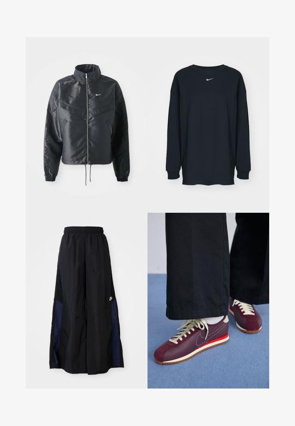 Svart cropped jakke med høy krage, glidelåsåpning, elastiske mansjetter og en hvit Nike-logo. Glatt, shiny stoff med en lett teksturert overflate.; Svart langermet T-skjorte laget av bomull med rund hals. Har en hvit Nike-logo på brystet. Myk tekstur, enkelt design.; Svarte vide bukser laget av lett stoff, med et marineblått sidestykke og elastisk midjebånd. Liten hvit logo nederst.; Bordeaux- og kremfargede treningssko med en blanding av semsket og glatt materiale, med en kontrasterende rød aksent, hvite lisser og en teksturert såle.