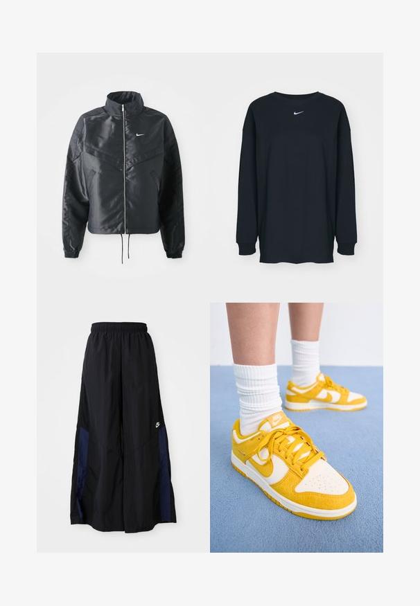 Casaco preto curto com colarinho alto, fecho de zip, punhos em elastano e um logótipo Nike branco. Tecido suave e brilhante com uma superfície ligeiramente texturizada.; Camisola preta de mangas longas feita de algodão com decote redondo. Apresenta um logótipo branco da Nike no peito. Textura suave, design simples.; Calças largas pretas feitas de tecido leve, com um painel lateral azul-marinho e cintura elástica. Pequeno logótipo branco na parte inferior.; Ténis Nike com um design em camurça amarela e pele branca, apresentando atacadores redondos, caixa do dedo perfurada e sola de borracha. Meias brancas visíveis.
