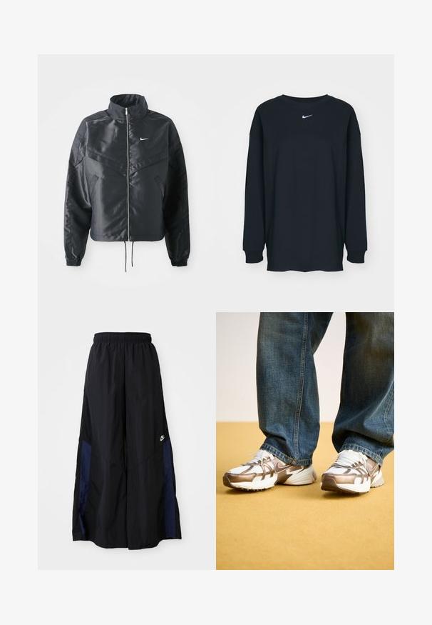 Melna apgriezta jaka ar augstu apkakli, rāvējslēdzēja aizdari, elastīna aprocēm un baltu Nike logo. Gluda, spīdīga auduma ar nedaudz teksturētu virsmu.; Melnas garajām piedurknēm T-krekls no kokvilnas ar apaļu kakla izgriezumu. Uz krūtīm ir balts Nike logo. Mīksta tekstūra, vienkāršs dizains.; Melni plata kāju bikses no viegla auduma, ar tumši zilu sānu paneli un elastīgu jostu. Mazs balts logotips apakšā.; Nike skriešanas apavi baltā krāsā ar metalizētu bronzas toni, kas izgatavoti no acu auduma un sintētiskajiem materiāliem, ar teksturētu zoli un auklu aizdari.
