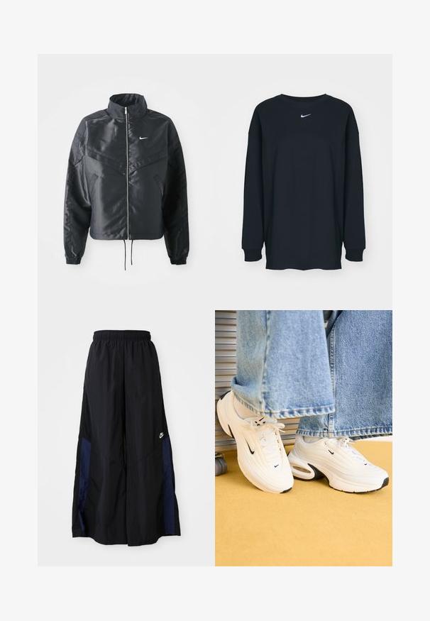 Casaco preto curto com colarinho alto, fecho de zip, punhos em elastano e um logótipo Nike branco. Tecido suave e brilhante com uma superfície ligeiramente texturizada.; Camisola preta de mangas longas feita de algodão com decote redondo. Apresenta um logótipo branco da Nike no peito. Textura suave, design simples.; Calças largas pretas feitas de tecido leve, com um painel lateral azul-marinho e cintura elástica. Pequeno logótipo branco na parte inferior.; Sapatilhas brancas da Nike com um design texturizado, detalhes em preto e uma característica de amortecimento de ar. Colocadas sob um denim azul claro com bainhas desfiadas.