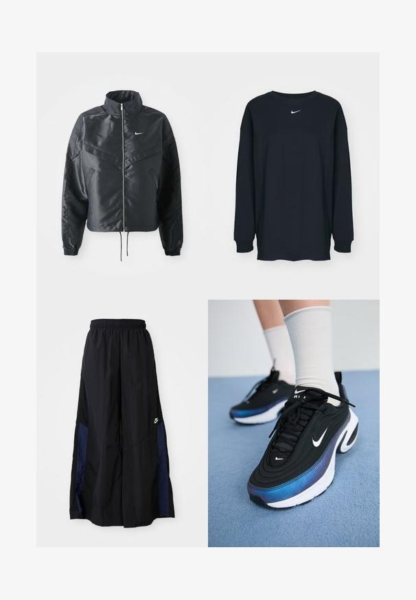 Fekete, rövidített dzseki magas gallérral, cipzáras záródással, elasztikus mandzsettákkal, és fehér Nike logóval. Simább, fényes anyag, enyhén textúrázott felülettel.; Fekete, hosszú ujjú pamut póló kerek nyakkivágással. Fehér Nike logó található a mellrészen. Puha tapintás, egyszerű design.; Fekete, bő szárú nadrág könnyű anyagból, tengerészkék oldalsó panellel és elasztikus derékkal. Kicsi fehér logó az alján.; Fekete Nike sportcipők sima szövet felsőrésszel, kék-fekete gradiens dizájnnal, fehér talppal és feltűnő logókkal.
