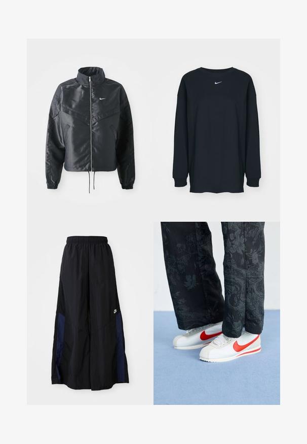 Schwarze, verkürzte Jacke mit hohem Kragen, Reißverschluss, Elastan-Ärmeln und einem weißen Nike-Logo. Glattes, glänzendes Material mit leicht strukturiertem Oberflächeneffekt.; Schwarzes Langarm-T-Shirt aus Baumwolle mit Rundhalsausschnitt. Mit weißem Nike-Logo auf der Brust. Weiche Textur, simples Design.; Schwarze weit geschnittene Hose aus leichtem Stoff, mit einem dunkelblauen Seitenpanel und einem elastischen Bund. Kleines weißes Logo am unteren Ende.; Weiße Nike-Sneaker mit roten Akzenten, kombiniert mit schwarzen Hosen, die ein florales Muster aufweisen. Die Textur ist glatt mit einer flachen geflochtenen Sohle.