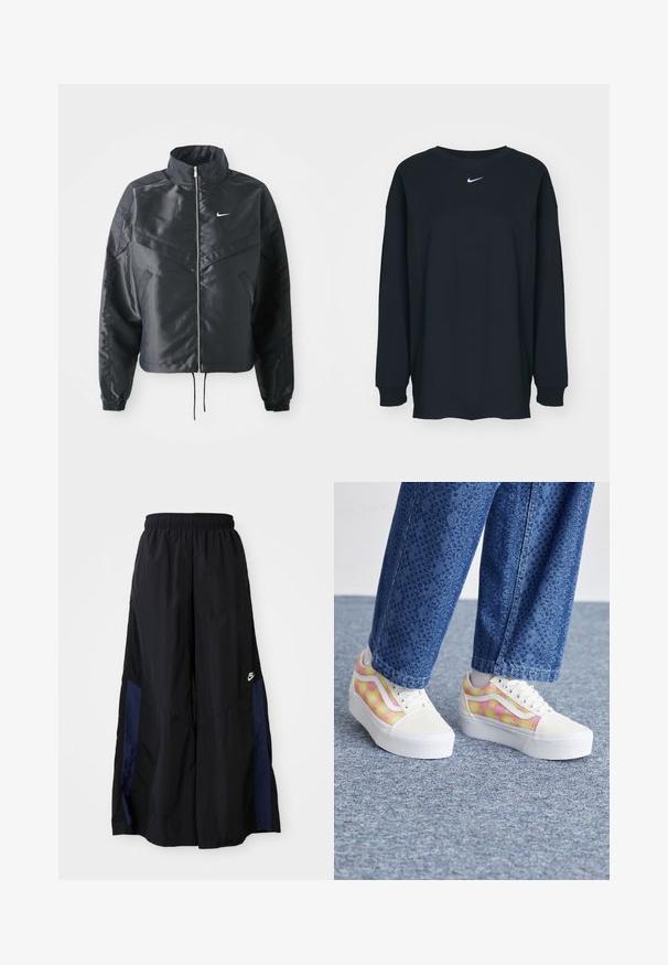 Schwarze, verkürzte Jacke mit hohem Kragen, Reißverschluss, Elastan-Ärmeln und einem weißen Nike-Logo. Glattes, glänzendes Material mit leicht strukturiertem Oberflächeneffekt.; Schwarzes Langarm-T-Shirt aus Baumwolle mit Rundhalsausschnitt. Mit weißem Nike-Logo auf der Brust. Weiche Textur, simples Design.; Schwarze weit geschnittene Hose aus leichtem Stoff, mit einem dunkelblauen Seitenpanel und einem elastischen Bund. Kleines weißes Logo am unteren Ende.; Plattform-Sneaker mit einer weißen Canvas-Zehe, mehrfarbigem karriertem Muster in Pink und Gelb sowie weißen Gummisohlen. Strukturierte Denim-Hosen.