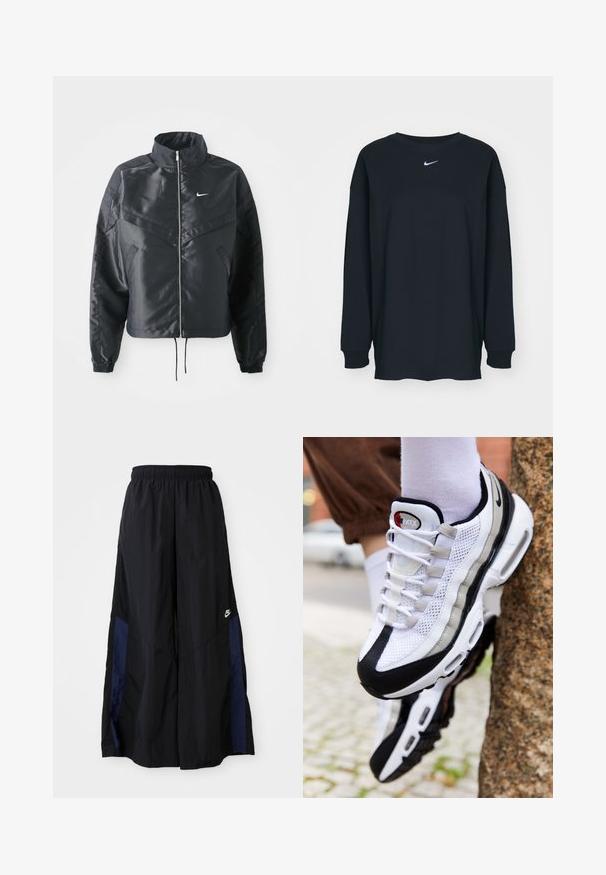 Svart cropped jakke med høy krage, glidelåsåpning, elastiske mansjetter og en hvit Nike-logo. Glatt, shiny stoff med en lett teksturert overflate.; Svart langermet T-skjorte laget av bomull med rund hals. Har en hvit Nike-logo på brystet. Myk tekstur, enkelt design.; Svarte vide bukser laget av lett stoff, med et marineblått sidestykke og elastisk midjebånd. Liten hvit logo nederst.; Hvit og svart mesh sneakers med en glatt sølvdetalj, som har en avrundet tå, snøring og en polstret såle.