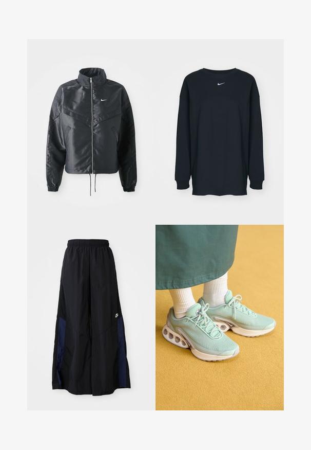 Melna apgriezta jaka ar augstu apkakli, rāvējslēdzēja aizdari, elastīna aprocēm un baltu Nike logo. Gluda, spīdīga auduma ar nedaudz teksturētu virsmu.; Melnas garajām piedurknēm T-krekls no kokvilnas ar apaļu kakla izgriezumu. Uz krūtīm ir balts Nike logo. Mīksta tekstūra, vienkāršs dizains.; Melni plata kāju bikses no viegla auduma, ar tumši zilu sānu paneli un elastīgu jostu. Mazs balts logotips apakšā.; Mint zaļi sporta apavi ar sietveida augšdaļu, mīkstinošu zoli un puscaurspīdīgām gaisa burbuļiem. Mātis ar baltām zeķbikšu zeķēm.