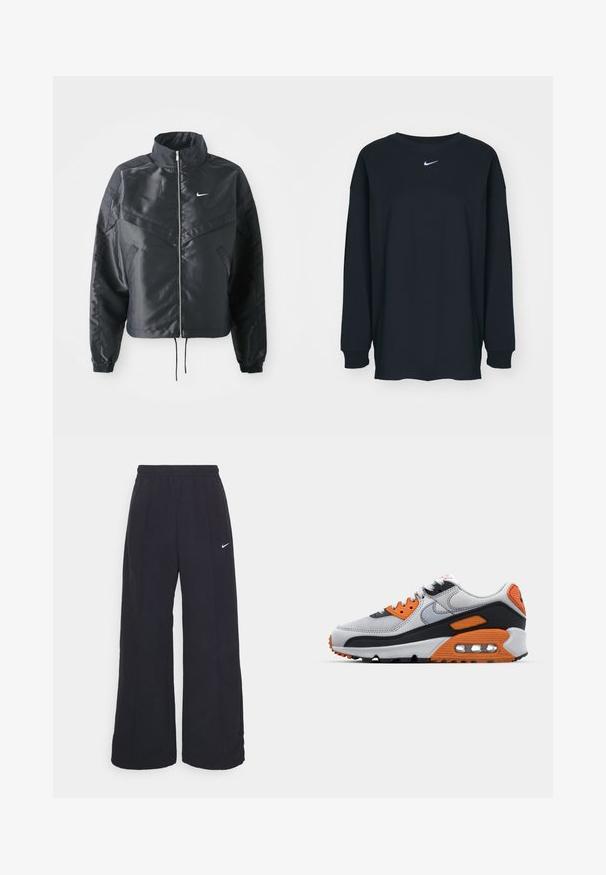 Svart kort jacka med hög krage, dragkedja, ärmslut i elastan och en vit Nike-logotyp. Slät, glänsande tyg med en något strukturerad yta.; Svart långärmad T-shirt i bomull med rundad halsringning. Har en vit Nike-logotyp på bröstet. Mjuk textur, enkelt design.; Svarta byxor med vida ben, elastisk midja och en liten vit Nike-logotyp. Tyget har en slät yta, designad för komfort och avslappnad användning.; Grå sneakers med orange och svarta accenter, tillverkade av mesh och syntetiska material, med en synlig luftkuddsenhet och texturerad sula.