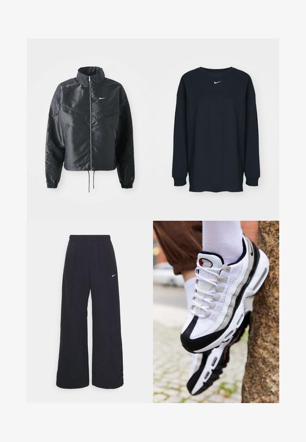 Fekete, rövidített dzseki magas gallérral, cipzáras záródással, elasztikus mandzsettákkal, és fehér Nike logóval. Simább, fényes anyag, enyhén textúrázott felülettel.; Fekete, hosszú ujjú pamut póló kerek nyakkivágással. Fehér Nike logó található a mellrészen. Puha tapintás, egyszerű design.; Fekete, bő szárú nadrág rugalmas derékpánttal és egy kis fehér Nike logóval. Anyaga sima tapintású, kényelmes és mindennapi viseletre lett tervezve.; Fehér és fekete hálós sportcipők sima ezüst díszítéssel, kerek orral, fűzős záródással és párnázott talppal.