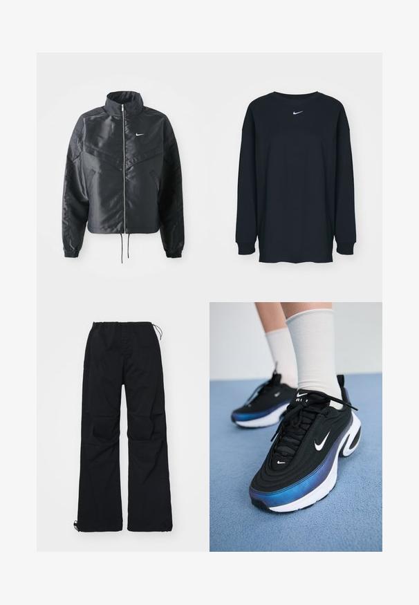 Crna kratka jakna s visokim ovratnikom, zatvaranjem na patentni zatvarač, elastinim rukavima i bijelim Nike logom. Glatka, sjajna tkanina s lagano teksturiranom površinom.; Crna dugih rukava majica od pamuka s okruglim izrezom. Sadrži bijeli Nike logo na prsima. Mekana tekstura, jednostavan dizajn.; Crne cargo hlače imaju elastični pojas s vezicom, dva bočna džepa i široke nogavice. Izrađene su od izdržljivog materijala.; Crne Nike tenisice s glatkom tkaninom, s gradijentnim dizajnom od plave do crne boje, bijelim potplatom i istaknutim logotipovima.
