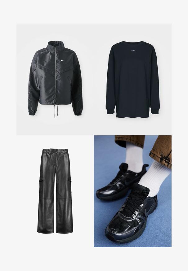 Schwarze, verkürzte Jacke mit hohem Kragen, Reißverschluss, Elastan-Ärmeln und einem weißen Nike-Logo. Glattes, glänzendes Material mit leicht strukturiertem Oberflächeneffekt.; Schwarzes Langarm-T-Shirt aus Baumwolle mit Rundhalsausschnitt. Mit weißem Nike-Logo auf der Brust. Weiche Textur, simples Design.; Samoon Cargohose - black; Schwarze Nike Sportschuhe mit einem oberen Teil aus Mesh und glänzenden Akzenten, schwarzen Schnürsenkeln und einer strukturierten Sohle. Kombiniert mit weißen gerippten Socken.