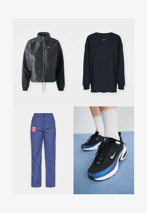 Zwarte cropped jack met hoge kraag, ritsluiting, elastische manchetten en een wit Nike-logo. Glad, glanzend materiaal met een licht gestructureerd oppervlak.; Zwarte lange mouwen T-shirt van katoen met een ronde hals. Bevat een wit Nike-logo op de borst. Zachte textuur, eenvoudig ontwerp.; Blauwe Nike trainingsbroek van Paris Saint-Germain met rode logo patches, rode piping langs de zijkanten en een elastische tailleband met trekkoord.; Zwarte Nike sneakers met een glad bovenwerk van stof, voorzien van een verloop van blauw naar zwart, witte zool en opvallende logo-accenten.