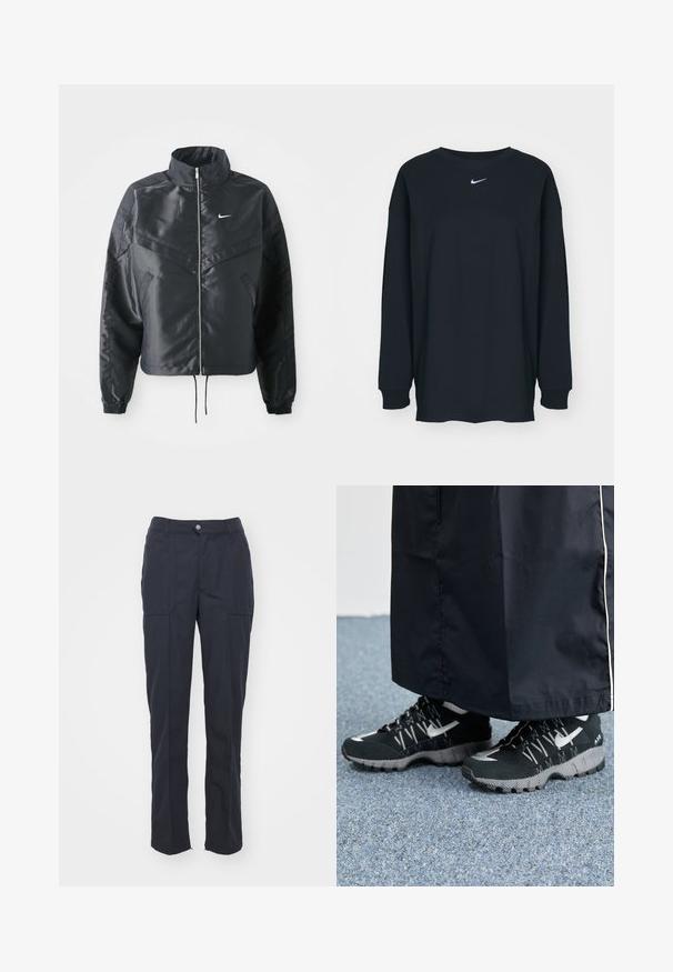 Zwarte cropped jack met hoge kraag, ritsluiting, elastische manchetten en een wit Nike-logo. Glad, glanzend materiaal met een licht gestructureerd oppervlak.; Zwarte lange mouwen T-shirt van katoen met een ronde hals. Bevat een wit Nike-logo op de borst. Zachte textuur, eenvoudig ontwerp.; Donkerblauwe broek met een rechte pasvorm, voorzien van twee voorzakken, een knoopsluiting en een soepele stofstructuur.; Zwarte atletische schoenen met een gestructureerde bovenkant, zilveren accenten en een gestippelde loopzool, gecombineerd met een zwart lang kledingstuk. Geplaatst op een blauwe vloerbedekking.