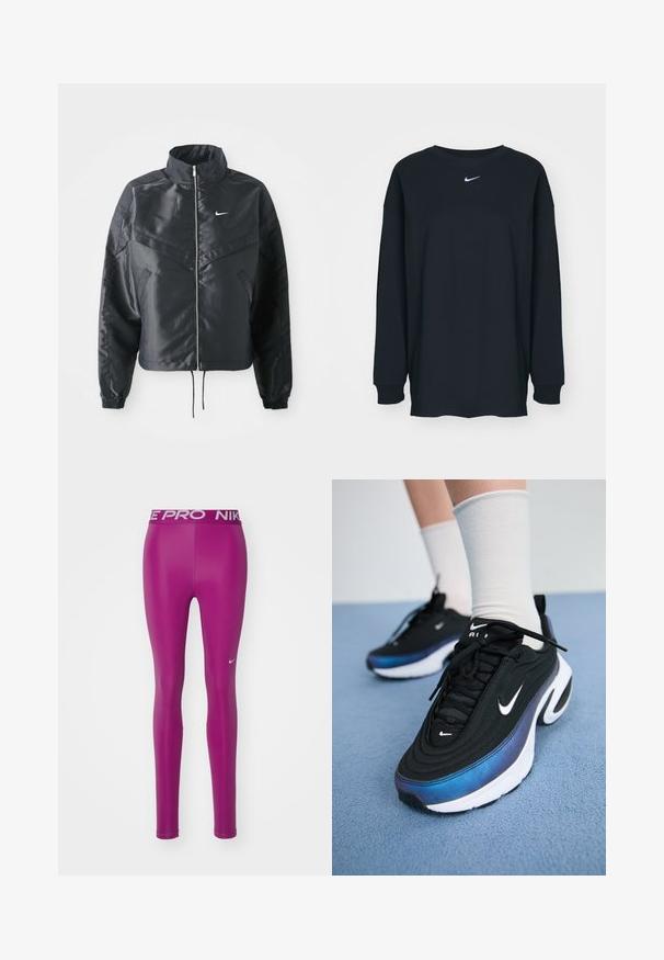 Chaqueta negra corta con cuello alto, cierre de cremallera, puños de elastano y un logo de Nike en blanco. Tejido suave y brillante con una superficie ligeramente texturizada.; Camiseta negra de manga larga hecha de algodón con cuello redondo. Presenta un logo blanco de Nike en el pecho. Textura suave, diseño sencillo.; Nike Performance 365 - Leggings - hot fuchsia/white; Zapatillas Nike negras con un upper de tejido suave, que presentan un diseño en degradado de azul a negro, suela blanca y acentos de logotipo prominentes.
