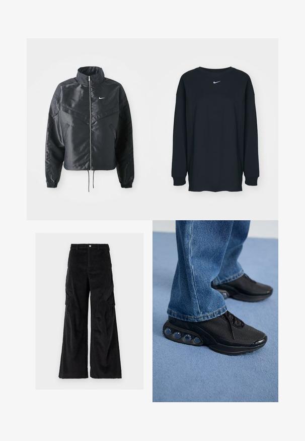 Melna apgriezta jaka ar augstu apkakli, rāvējslēdzēja aizdari, elastīna aprocēm un baltu Nike logo. Gluda, spīdīga auduma ar nedaudz teksturētu virsmu.; Melnas garajām piedurknēm T-krekls no kokvilnas ar apaļu kakla izgriezumu. Uz krūtīm ir balts Nike logo. Mīksta tekstūra, vienkāršs dizains.; Melna kordveida krāsu bikses ar plašu kāju dizainu, kas raksturojas ar teksturētām vertikālām rievām, sānu kabatām un pogu aizdari viduklī.; Melnas sporta kedas ar sietu augšdaļu, teksturētām akcentiem un redzamajām gaisa amortizācijas podiem zolei. Valkātas ar zilu džinsu biksēm.
