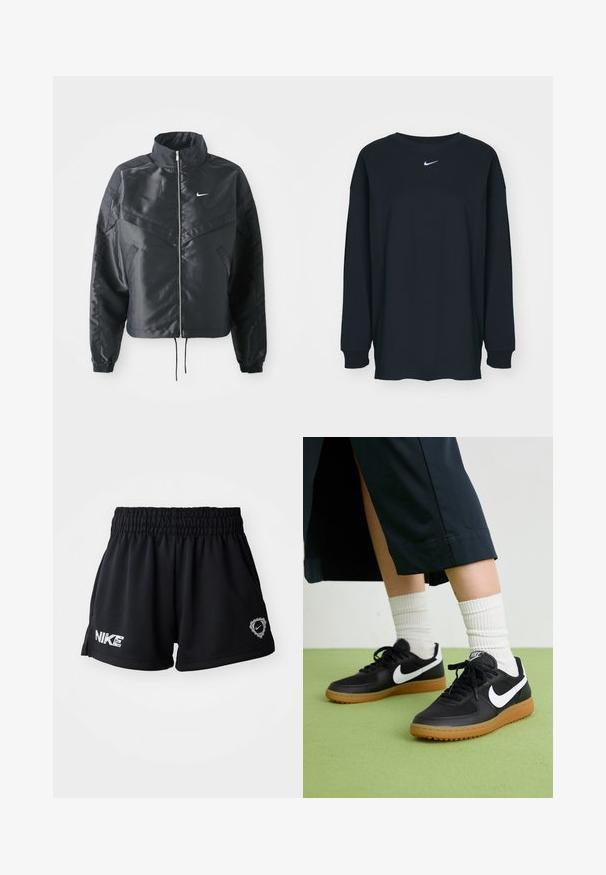 Svart cropped jakke med høy krage, glidelåsåpning, elastiske mansjetter og en hvit Nike-logo. Glatt, shiny stoff med en lett teksturert overflate.; Svart langermet T-skjorte laget av bomull med rund hals. Har en hvit Nike-logo på brystet. Myk tekstur, enkelt design.; Sorte idrettsshorts laget av myk, lett stoff. Har en elastisk midje og trykt Nike-logo på venstre ben.; Sorte lær- og syntetiske joggesko med hvit Nike swoosh, gummisåle, rund tå og sorte lisser. Ribbet hvite sokker synlige.