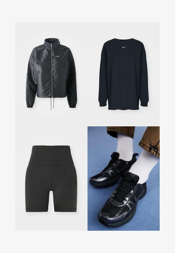 Mustat lyhyet takit, joissa on korkea kaulus, vetoketjukiinnitys, elastaanista valmistetut hihan suut ja valkoinen Nike-logo. Sileä, kiiltävä kangas, jossa on hieman tekstuuria.; Mustapaita, jossa on pitkät hihat ja pyöreä kaula-aukko, valmistettu puuvillasta. Rinnassa valkoinen Nike-logo. Pehmeä rakenne, yksinkertainen muotoilu.; Musta korkeavyötäröinen pyöräilyshortsi, joka on valmistettu venyvästä kankaasta, ja jossa on sileä pinta, tiukka leikkaus ja huolitellut reunat. Ei näkyviä kuvioita tai korostuksia.; Musta Nike-urheilukengät, joissa on verkkopintaa kiiltävillä yksityiskohdilla, mustat nauhat ja teksturoitu pohja. Yhdistetty valkoisiin ribbipolkimiin.