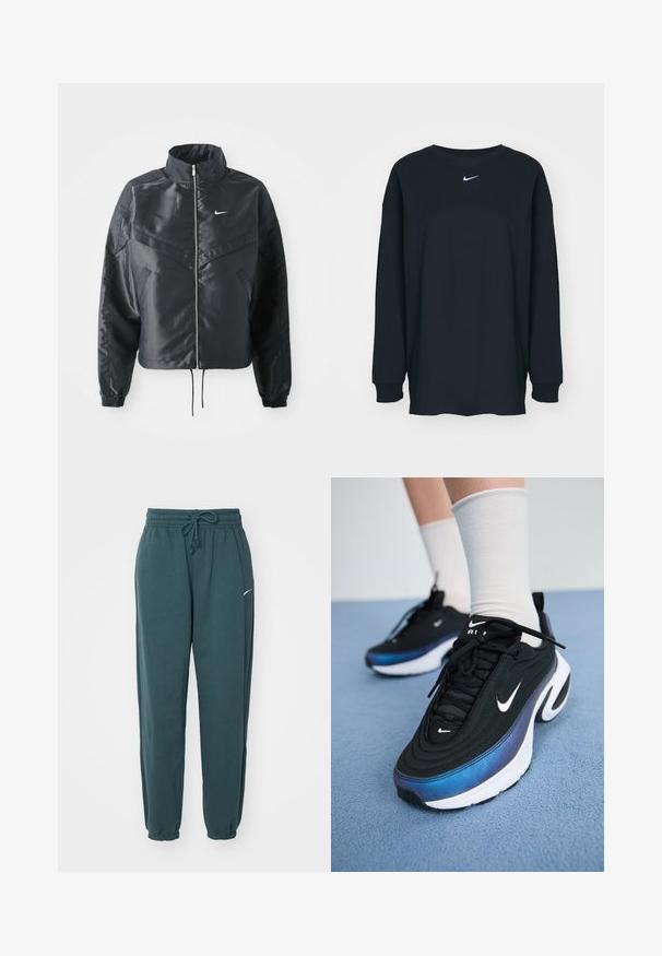 Svart cropped jakke med høy krage, glidelåsåpning, elastiske mansjetter og en hvit Nike-logo. Glatt, shiny stoff med en lett teksturert overflate.; Svart langermet T-skjorte laget av bomull med rund hals. Har en hvit Nike-logo på brystet. Myk tekstur, enkelt design.; Teal joggebukser med elastisk midje, justerbar snor og avsluttede anklene. Har en liten hvit logo på venstre side.; Sorte Nike joggesko med en glatt stoffoverdel, med et gradientdesign fra blått til svart, hvit såle og fremtredende logoaksenter.