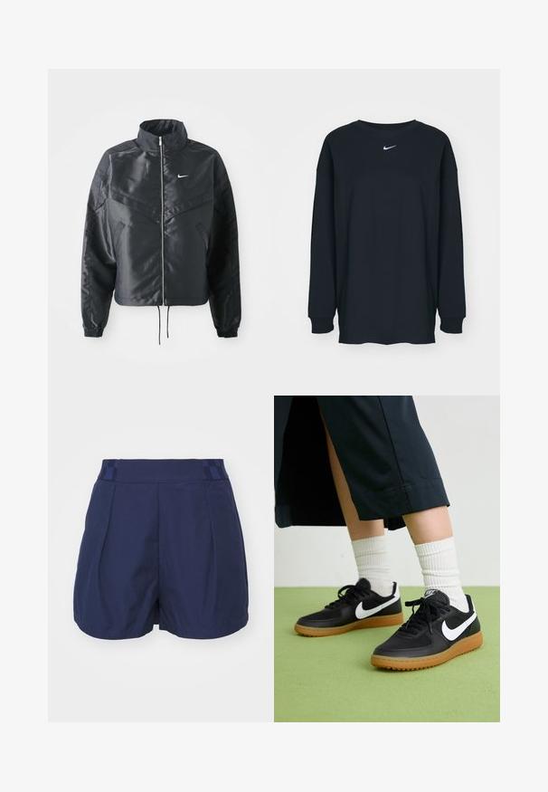 Casaco preto curto com colarinho alto, fecho de zip, punhos em elastano e um logótipo Nike branco. Tecido suave e brilhante com uma superfície ligeiramente texturizada.; Camisola preta de mangas longas feita de algodão com decote redondo. Apresenta um logótipo branco da Nike no peito. Textura suave, design simples.; Calças curtas azul marinho com uma textura suave, apresentando uma cintura com padrão e detalhes com pregas na frente. Projetadas para conforto e mobilidade.; Sapatilhas pretas em couro e sintético com o logo da Nike em branco, sola de borracha tipo goma, bico redondo e atacadores pretos. Meias brancas com frunces visíveis.