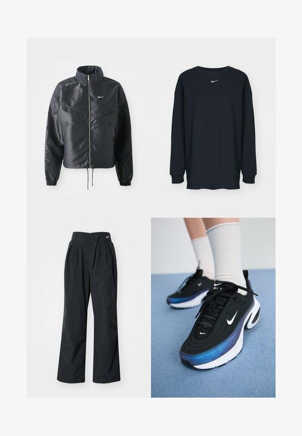 Črna skrajšana jakna z visokim ovratnikom, zadrgo, elastan rokavi in belim logotipom Nike. Gladek, sijoč material z rahlo teksturirano površino.; Črna dolgotrajna majica z dolgimi rokavi iz bombaža z okruglim izrezom. Ima bel Nike logo na prsih. Mehek material, preprost dizajn.; Črne široke hlače z visokim pasom, opremljene z gumbom in subtilnim logotipom Nike na pasu. Gladek, lahek material.; Črne Nike športne copate z gladkim zgornjim delom iz tkanine, ki imajo gradientni dizajn od modre do črne, belo podplat in izrazite logotipne akcenta.