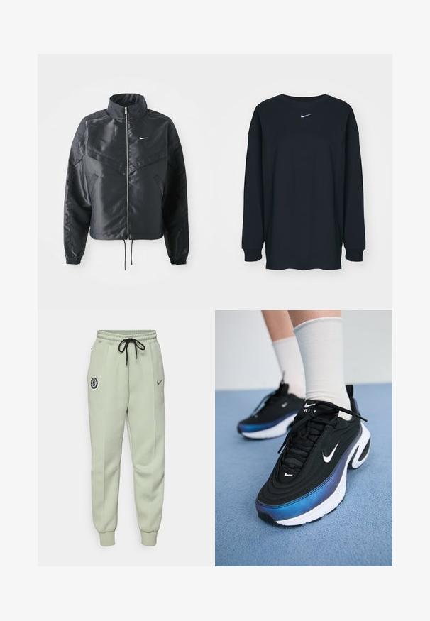 Svart cropped jakke med høy krage, glidelåsåpning, elastiske mansjetter og en hvit Nike-logo. Glatt, shiny stoff med en lett teksturert overflate.; Svart langermet T-skjorte laget av bomull med rund hals. Har en hvit Nike-logo på brystet. Myk tekstur, enkelt design.; Lysegrøn Nike joggebukse med elastisk midje, snor, sidelommer og Chelsea FC-logo på venstre lår.; Sorte Nike joggesko med en glatt stoffoverdel, med et gradientdesign fra blått til svart, hvit såle og fremtredende logoaksenter.