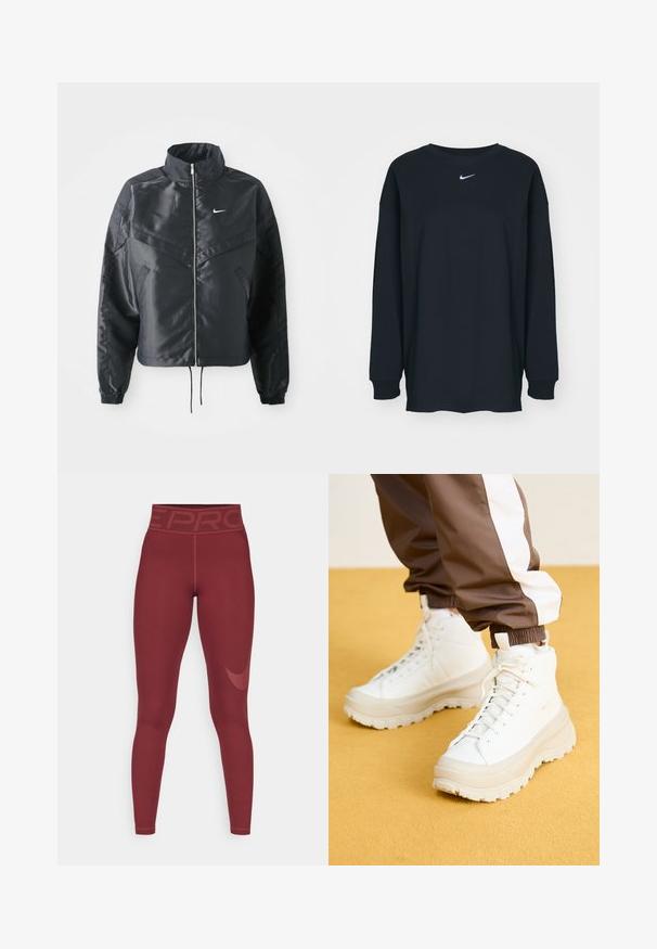 Svart cropped jakke med høy krage, glidelåsåpning, elastiske mansjetter og en hvit Nike-logo. Glatt, shiny stoff med en lett teksturert overflate.; Svart langermet T-skjorte laget av bomull med rund hals. Har en hvit Nike-logo på brystet. Myk tekstur, enkelt design.; Burgunderfargede leggings med høy midje som har "PRO" merke. Laget av elastisk materiale, har de en glatt tekstur og en subtil logo på siden.; Hvite høytoppsneakers med en tykk, teksturert såle, med en glatt øvre del, rund tå og tonede snøringer, satt mot en gul bakgrunn.