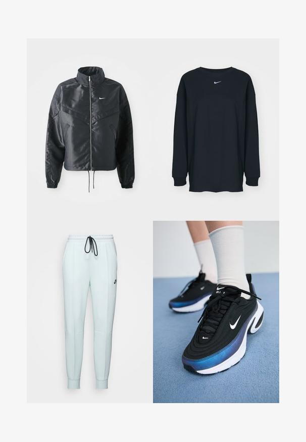Zwarte cropped jack met hoge kraag, ritsluiting, elastische manchetten en een wit Nike-logo. Glad, glanzend materiaal met een licht gestructureerd oppervlak.; Zwarte lange mouwen T-shirt van katoen met een ronde hals. Bevat een wit Nike-logo op de borst. Zachte textuur, eenvoudig ontwerp.; Lichtgroene sweatpants met een koordje in de taille, twee zijzakken, taps toelopende pijpen en een zwart Nike-logo op de linkerdij.; Zwarte Nike sneakers met een glad bovenwerk van stof, voorzien van een verloop van blauw naar zwart, witte zool en opvallende logo-accenten.