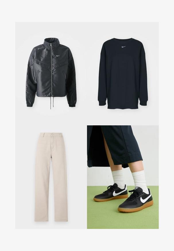 Zwarte cropped jack met hoge kraag, ritsluiting, elastische manchetten en een wit Nike-logo. Glad, glanzend materiaal met een licht gestructureerd oppervlak.; Zwarte lange mouwen T-shirt van katoen met een ronde hals. Bevat een wit Nike-logo op de borst. Zachte textuur, eenvoudig ontwerp.; Beige wijde broek van katoen, met een sluiting aan de voorkant met knoop, riemlussen en een klassieke pasvorm met strakke lijnen.; Zwarte leren en synthetische sneakers met witte Nike swoosh, rubberen gumzool, ronde neus en zwarte veters. Geribbelde witte sokken zichtbaar.