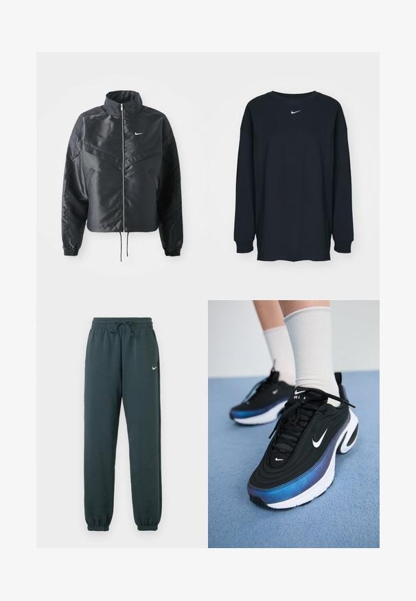 Melna apgriezta jaka ar augstu apkakli, rāvējslēdzēja aizdari, elastīna aprocēm un baltu Nike logo. Gluda, spīdīga auduma ar nedaudz teksturētu virsmu.; Melnas garajām piedurknēm T-krekls no kokvilnas ar apaļu kakla izgriezumu. Uz krūtīm ir balts Nike logo. Mīksta tekstūra, vienkāršs dizains.; Tumši zaļi Nike jogger bikses, izgatavotas no mīkstas auduma, ar elastīgu jostasvietu, regulējamu auklu un ar aplokiem.; Melnie Nike sporta apavi ar gludu auduma virsmu, argradienta zilu uz melnu dizainu, balta zole un izteiksmīgi logotipa akcenti.