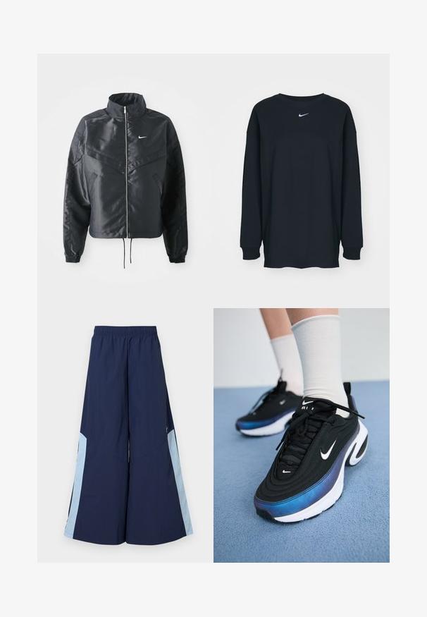 Svart cropped jakke med høy krage, glidelåsåpning, elastiske mansjetter og en hvit Nike-logo. Glatt, shiny stoff med en lett teksturert overflate.; Svart langermet T-skjorte laget av bomull med rund hals. Har en hvit Nike-logo på brystet. Myk tekstur, enkelt design.; Maritime vide bukser med elastisk talje, med lyseblå sidelapper og en glat tekstur. Designet for komfort og let bevægelse.; Sorte Nike joggesko med en glatt stoffoverdel, med et gradientdesign fra blått til svart, hvit såle og fremtredende logoaksenter.