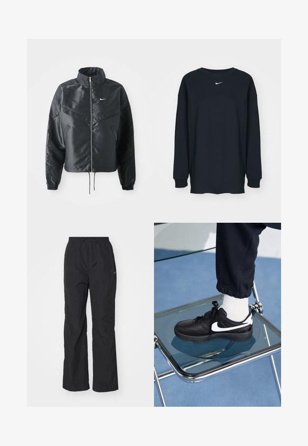 Chaqueta negra corta con cuello alto, cierre de cremallera, puños de elastano y un logo de Nike en blanco. Tejido suave y brillante con una superficie ligeramente texturizada.; Camiseta negra de manga larga hecha de algodón con cuello redondo. Presenta un logo blanco de Nike en el pecho. Textura suave, diseño sencillo.; Pantalones negros ligeros con cintura elástica y cordón. Presentan un acabado texturizado y un pequeño logo reflectante en el costado.; Zapatillas Nike negras con acentos blancos, con una textura de cuero suave, diseño de cordones y punta redondeada, colocadas sobre una silla de cristal.