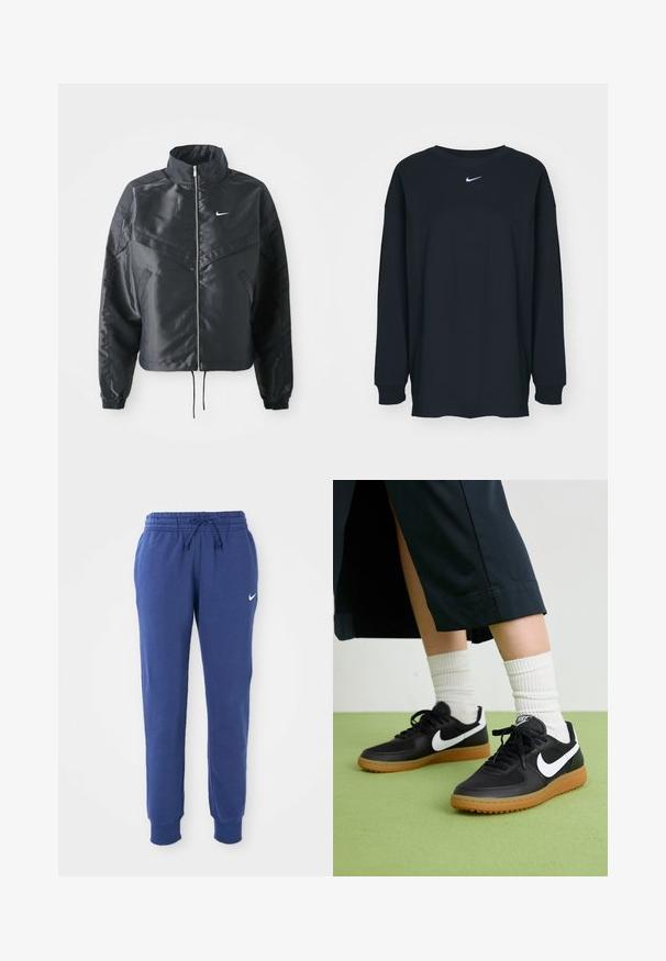 Crna kratka jakna s visokim ovratnikom, zatvaranjem na patentni zatvarač, elastinim rukavima i bijelim Nike logom. Glatka, sjajna tkanina s lagano teksturiranom površinom.; Crna dugih rukava majica od pamuka s okruglim izrezom. Sadrži bijeli Nike logo na prsima. Mekana tekstura, jednostavan dizajn.; Plave Nike dukserice sa elastičnim pojasom, pertlom, suženim gležnjevima i belim Nike swoosh logotipom na levom butu.; Crne kožne i sintetičke tenisice s bijelim Nike swooshom, gumeni potplat, okrugli vrh i crne vezice. Vidljive rebraste bijele čarape.