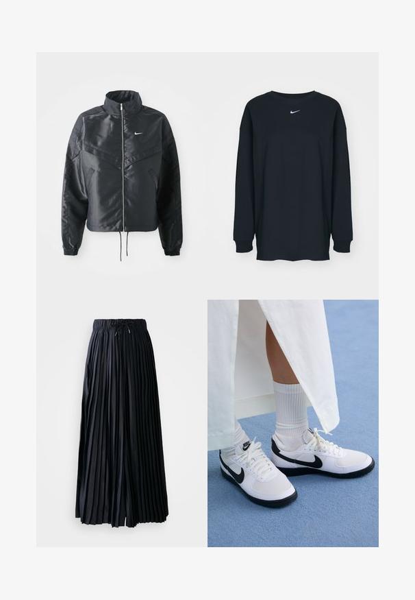 Casaco preto curto com colarinho alto, fecho de zip, punhos em elastano e um logótipo Nike branco. Tecido suave e brilhante com uma superfície ligeiramente texturizada.; Camisola preta de mangas longas feita de algodão com decote redondo. Apresenta um logótipo branco da Nike no peito. Textura suave, design simples.; Saia preta plissada feita de tecido suave. Apresenta uma cintura elástica com cordões. Cai até a metade da panturrilha com pregas verticais consistentes.; Ténis brancos da Nike com detalhes pretos, apresentando um cabedal em pele lisa, atacadores brancos e solas de borracha resistentes, combinados com meias brancas com textura ribada.