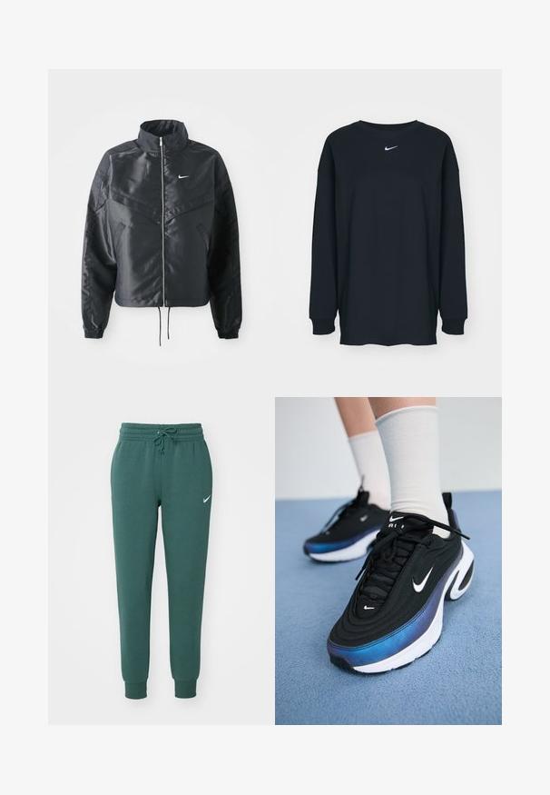 Melna apgriezta jaka ar augstu apkakli, rāvējslēdzēja aizdari, elastīna aprocēm un baltu Nike logo. Gluda, spīdīga auduma ar nedaudz teksturētu virsmu.; Melnas garajām piedurknēm T-krekls no kokvilnas ar apaļu kakla izgriezumu. Uz krūtīm ir balts Nike logo. Mīksta tekstūra, vienkāršs dizains.; Nike Sportswear PANT - Treniņtērpa apakšdaļas - vintage green/sail; Melnie Nike sporta apavi ar gludu auduma virsmu, argradienta zilu uz melnu dizainu, balta zole un izteiksmīgi logotipa akcenti.