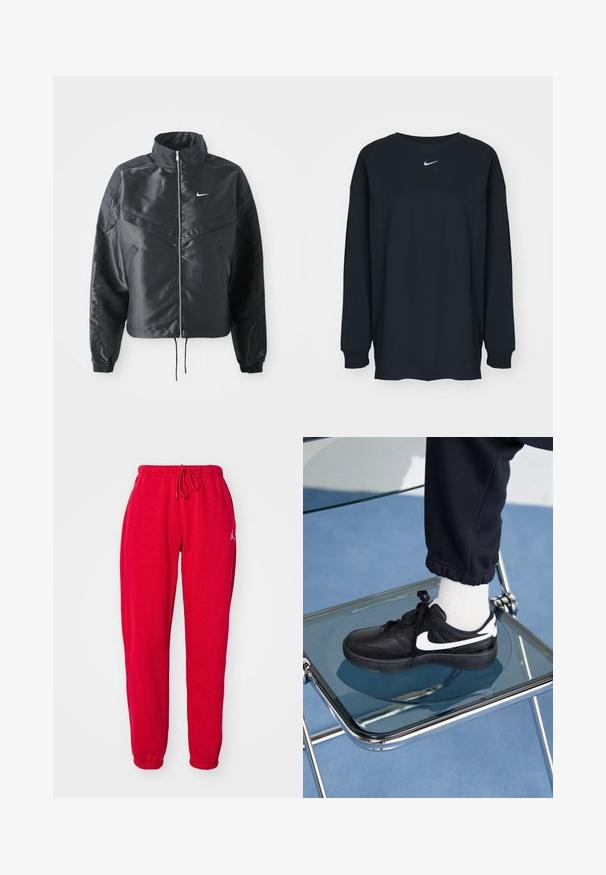Czarna krótka kurtka z wysokim kołnierzem, zamek błyskawiczny, ściągacze z elastanu i białe logo Nike. Gładki, błyszczący materiał o lekko teksturowanej powierzchni.; Czarna, długosleeve'owa koszulka z bawełny z okrągłym dekoltem. Posiada białe logo Nike na piersi. Miękka faktura, prosty design.; Czerwone dresy z elastycznym pasem i sznurkiem. Posiadają ściągacze na nogawkach oraz mały akcent z logo na górnej lewej nodze. Miękka tekstura.; Czarne sneakersy Nike z białymi akcentami, charakteryzujące się gładką skórzaną teksturą, zawiązywaną konstrukcją i zaokrąglonym noskiem, umieszczone na szklanym krześle.